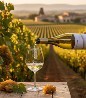 Chardonnay Wein wird eingeschenkt auf Weinrebe